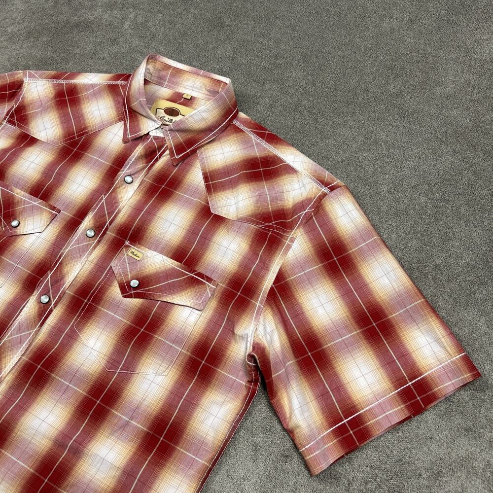 Larry Mahan Shirt Mens Large Short Sleeve Pearl Snap Western Red Tan Plaid